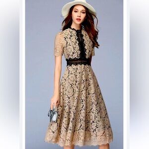 Beige Lace full skirt Midi Dress short sleeve fully lined back zipper Sz Small